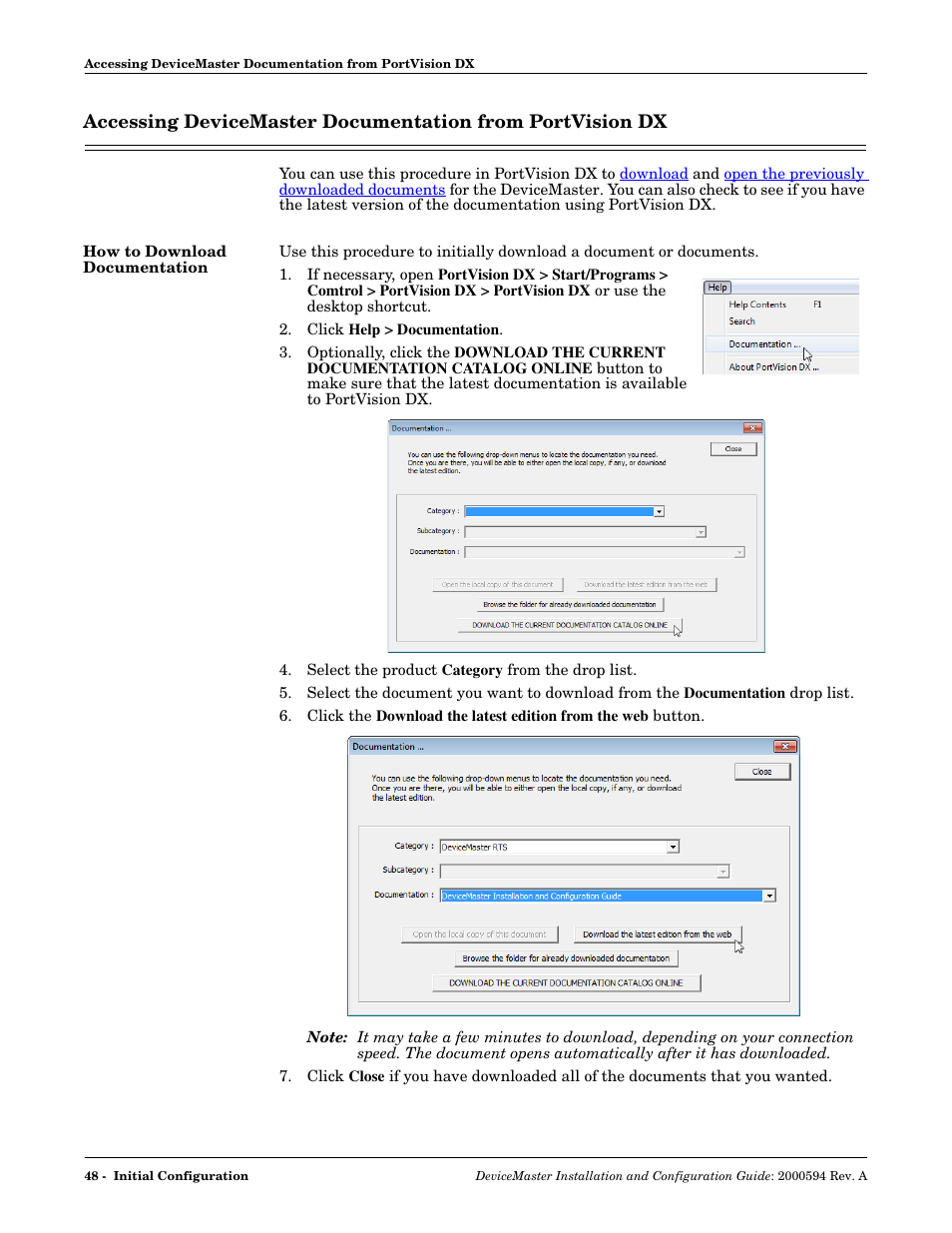 How to download documentation, Accessing, Devicemaster documentation from portvision dx | Comtrol Hub DeviceMaster User Manual | Page 48 / 178