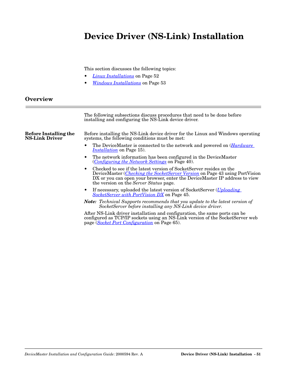 Device driver (ns-link) installation, Overview, Before installing the ns-link driver | Comtrol Hub DeviceMaster User Manual | Page 51 / 178