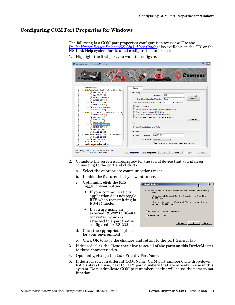 Configuring com port properties for windows, Configuring com port properties, For windows | Comtrol Hub DeviceMaster User Manual | Page 61 / 178