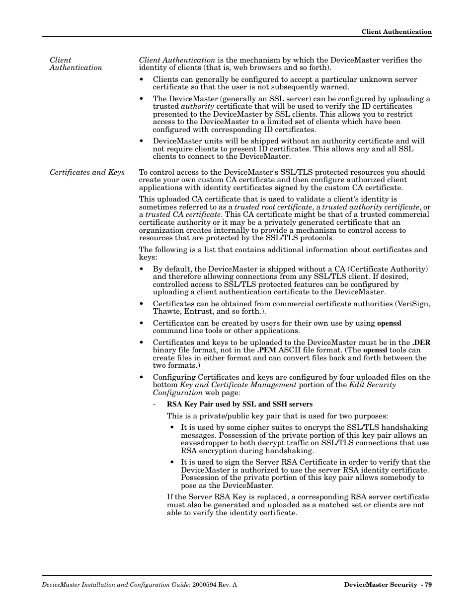 Client authentication, Certificates and keys, Client authentication certificates and keys | Client, Authentication | Comtrol Hub DeviceMaster User Manual | Page 79 / 178