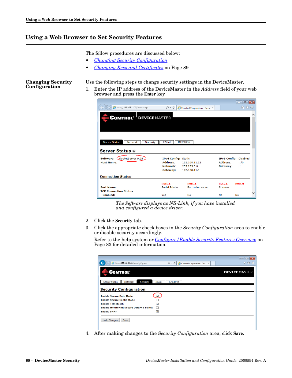 Using a web browser to set security features, Changing security configuration | Comtrol Hub DeviceMaster User Manual | Page 88 / 178