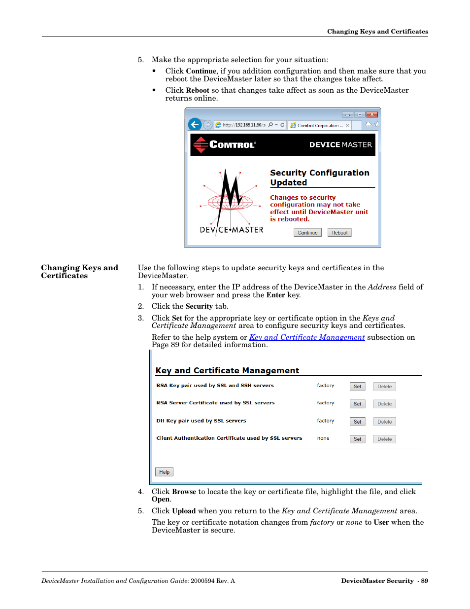 Changing keys and certificates | Comtrol Hub DeviceMaster User Manual | Page 89 / 178