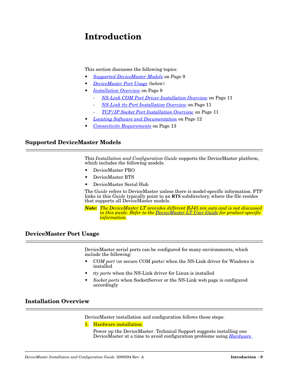 Introduction, Supported devicemaster models, Devicemaster port usage | Installation overview, Ntroduction | Comtrol Hub DeviceMaster User Manual | Page 9 / 178