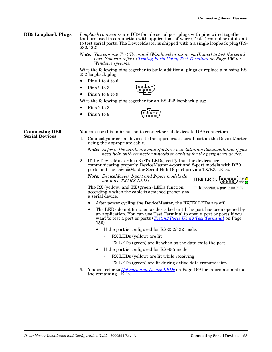 Db9 loopback plugs, Connecting db9 serial devices, Db9 loopback plugs connecting db9 serial devices | Comtrol Hub DeviceMaster User Manual | Page 93 / 178