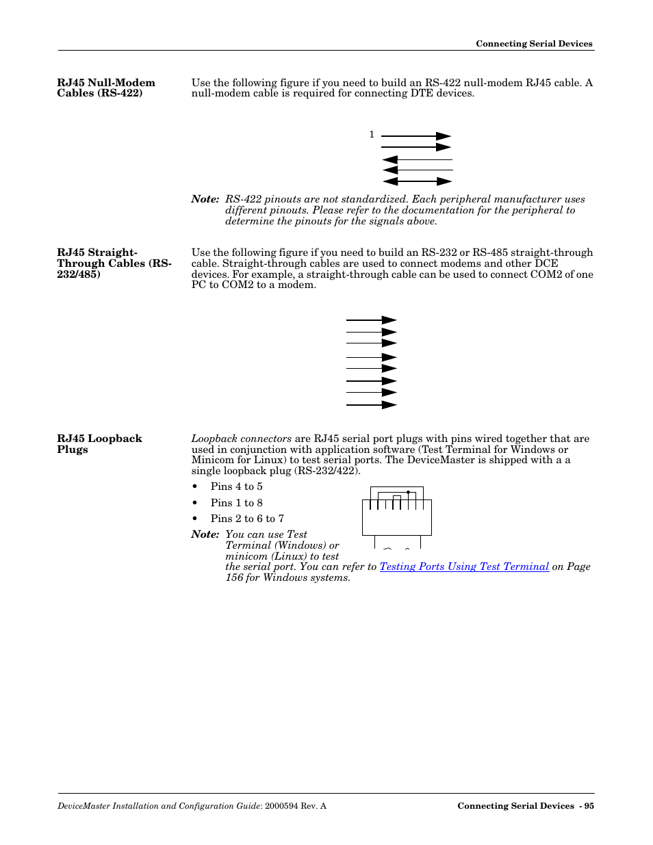 Rj45 null-modem cables (rs-422), Rj45 straight- through cables (rs- 232/485), Rj45 loopback plugs | Rj45 straight-through cables (rs-232/485) | Comtrol Hub DeviceMaster User Manual | Page 95 / 178