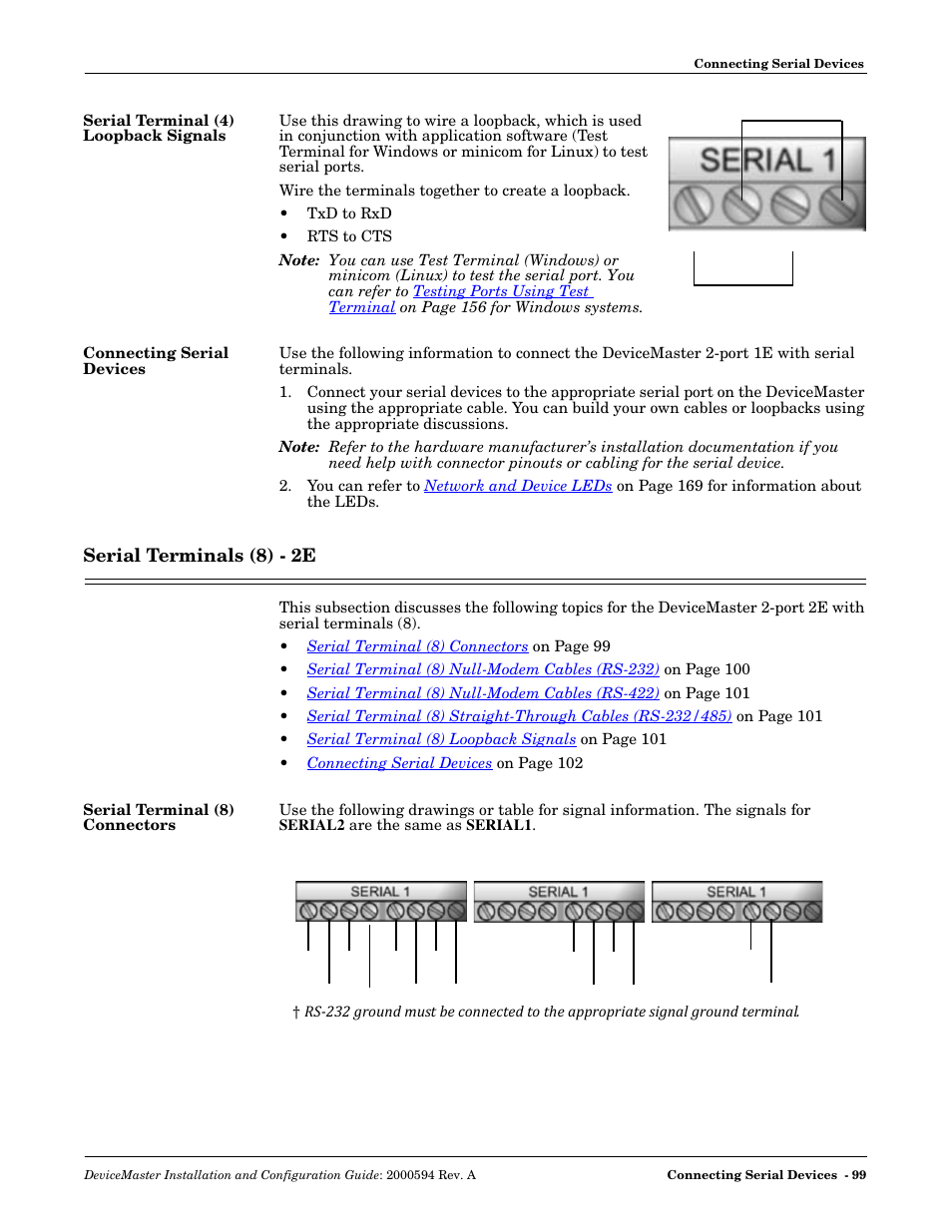 Serial terminal (4) loopback signals, Connecting serial devices, Serial terminals (8) - 2e | Serial terminal (8) connectors, 4). see | Comtrol Hub DeviceMaster User Manual | Page 99 / 178