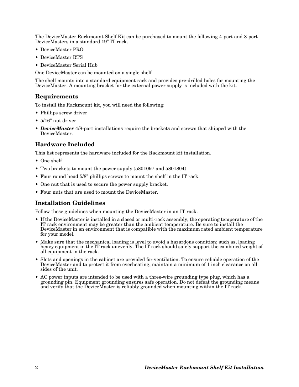 Requirements, Hardware included, Installation guidelines | Comtrol Hub DeviceMaster Rackmount Shelf Kit User Manual | Page 2 / 3