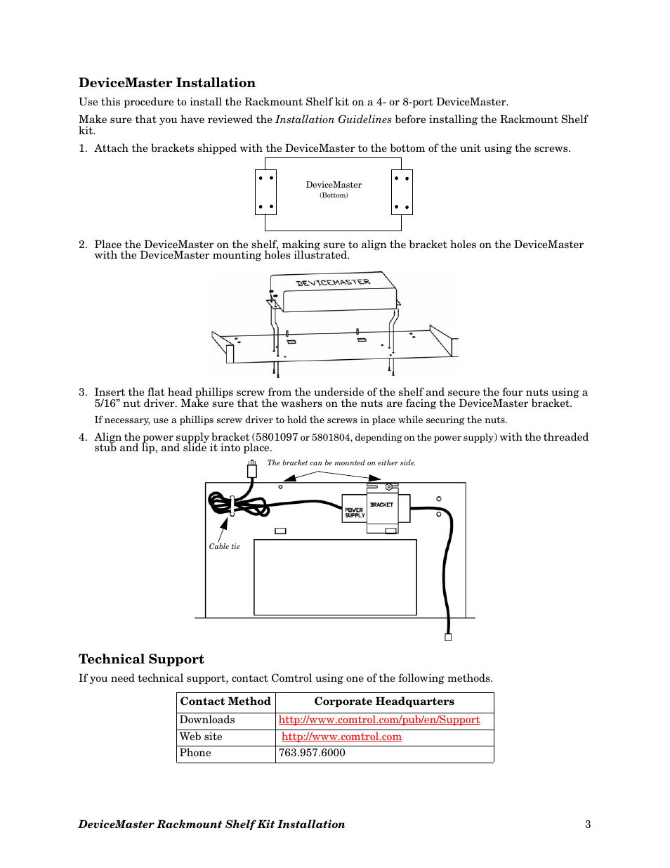 Devicemaster installation, Technical support | Comtrol Hub DeviceMaster Rackmount Shelf Kit User Manual | Page 3 / 3