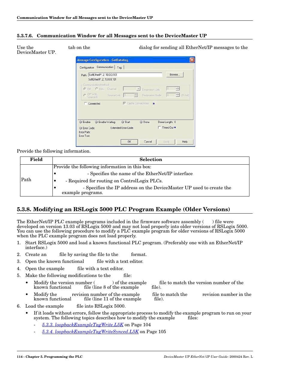 Example, see, Modifying an rslogix 5000 plc, Program example (older versions) | Comtrol UP DeviceMaster User Guide User Manual | Page 114 / 166