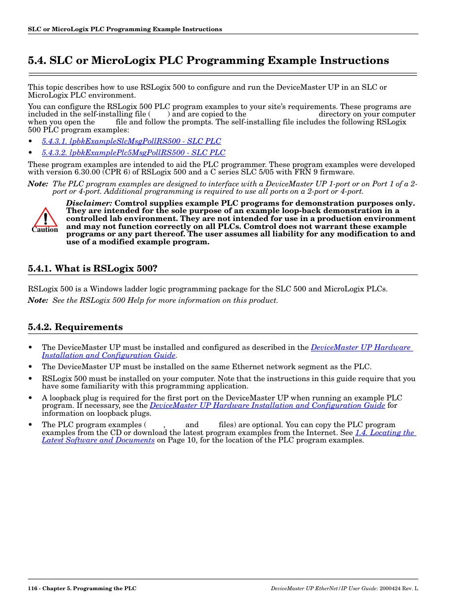 What is rslogix 500, Requirements, What is rslogix 500? 5.4.2. requirements | Slc or, Micrologix plc programming example instructions, 116 describ | Comtrol UP DeviceMaster User Guide User Manual | Page 116 / 166