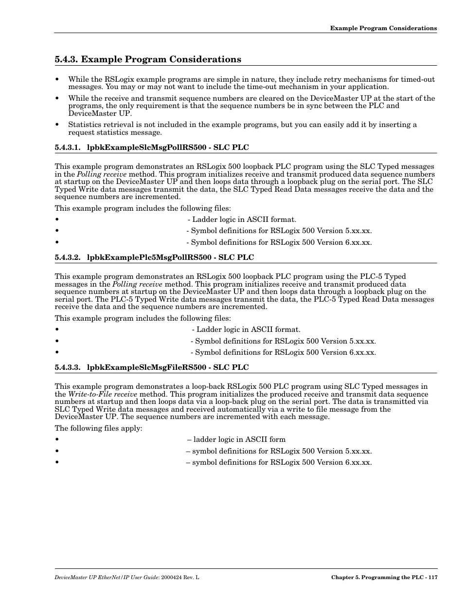 Example program considerations, Lpbkexampleslcmsgpollrs500 - slc plc, Lpbkexampleplc5msgpollrs500 - slc plc | Lpbkexampleslcmsgfilers500 - slc plc | Comtrol UP DeviceMaster User Guide User Manual | Page 117 / 166