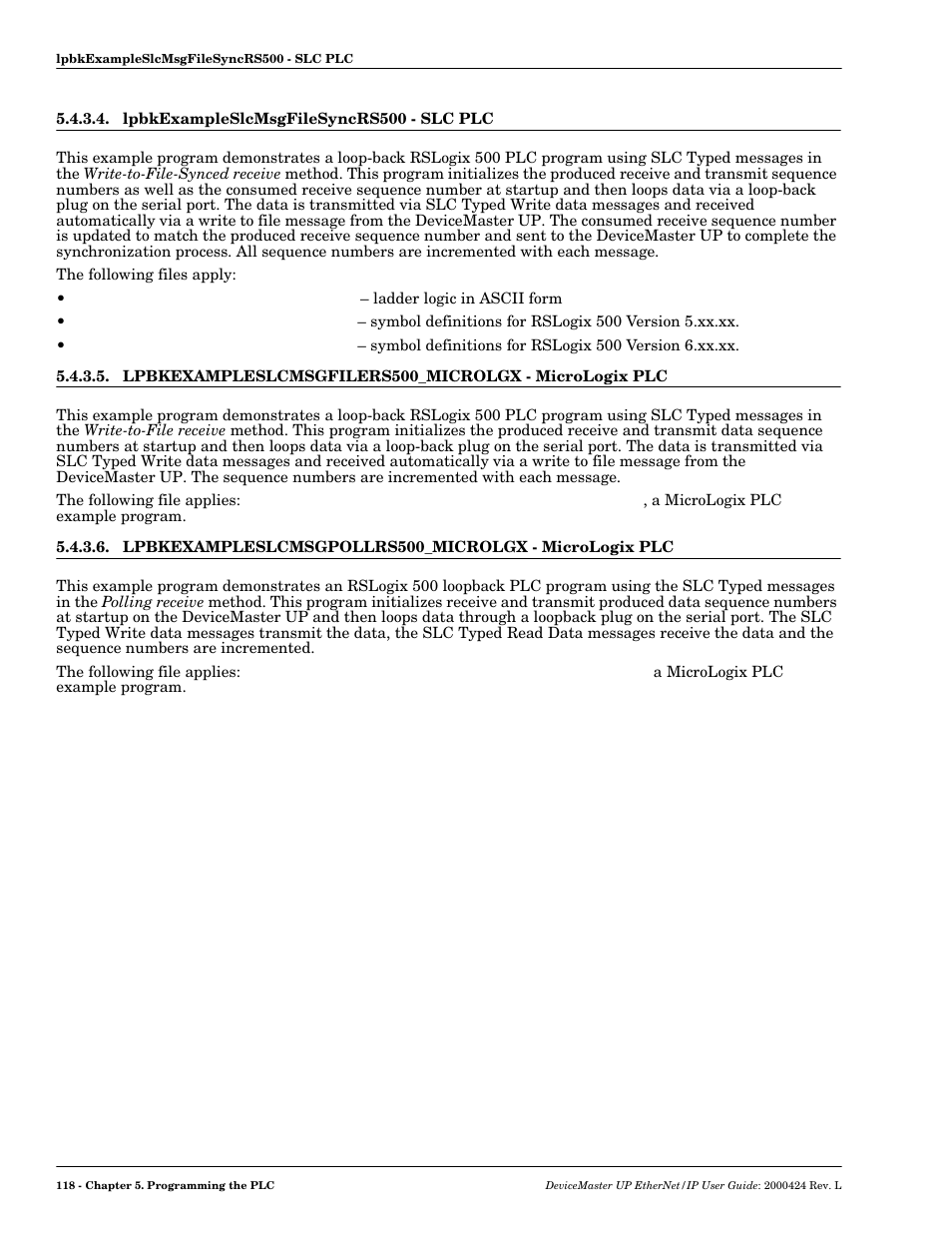 Lpbkexampleslcmsgfilesyncrs500 - slc plc | Comtrol UP DeviceMaster User Guide User Manual | Page 118 / 166