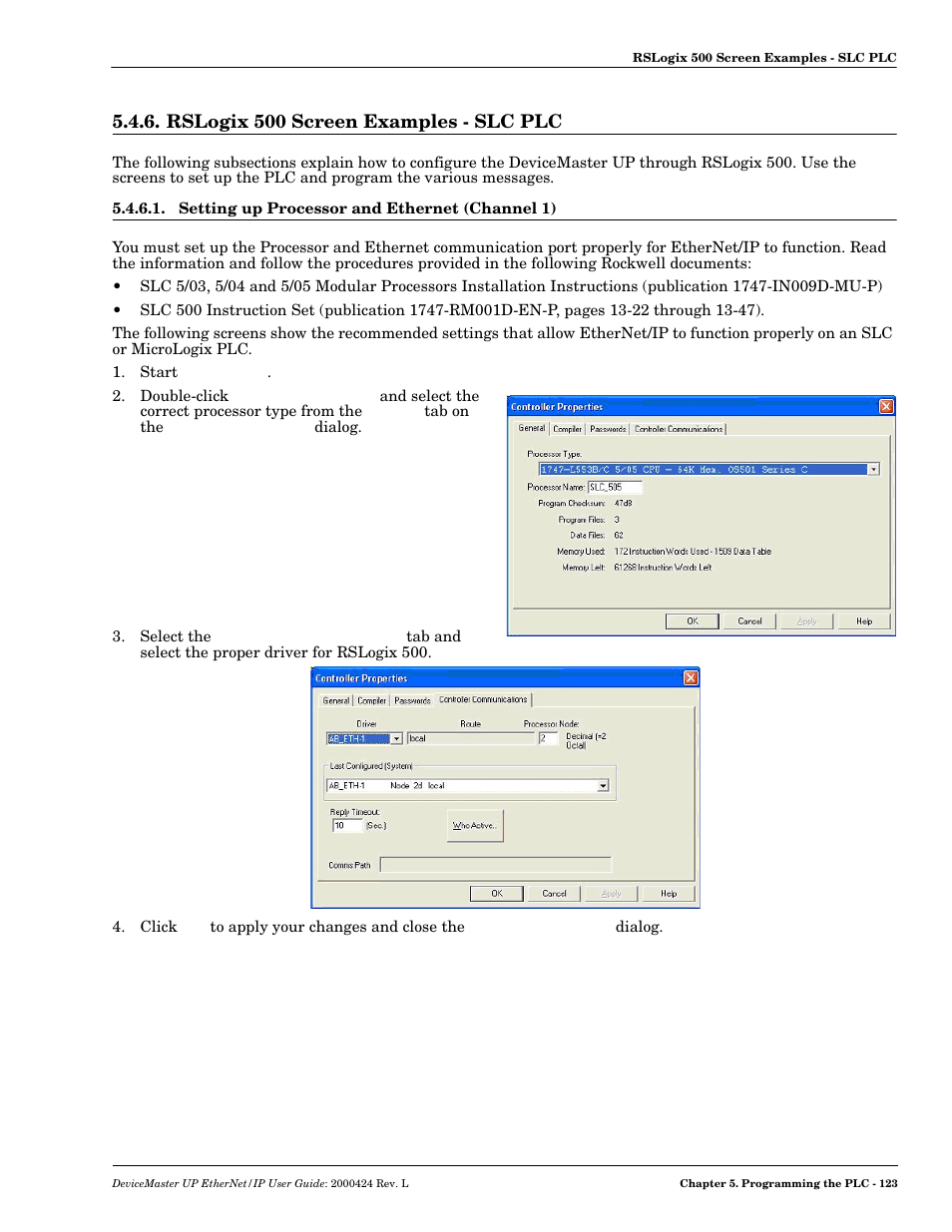 Rslogix 500 screen examples - slc plc, Setting up processor and ethernet (channel 1) | Comtrol UP DeviceMaster User Guide User Manual | Page 123 / 166