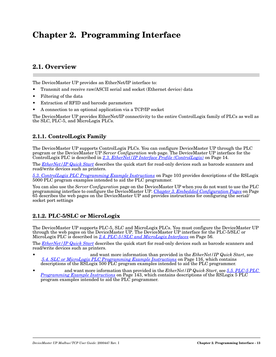 Chapter 2. programming interface, Overview, Controllogix family | Plc-5/slc or micrologix, Controllogix family 2.1.2. plc-5/slc or micrologix, Programming interface | Comtrol UP DeviceMaster User Guide User Manual | Page 13 / 166