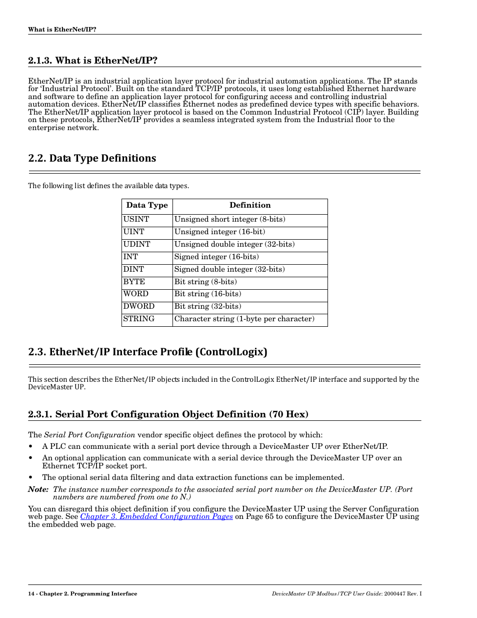 What is ethernet/ip, Data type definitions, Ethernet/ip interface profile (controllogix) | Comtrol UP DeviceMaster User Guide User Manual | Page 14 / 166