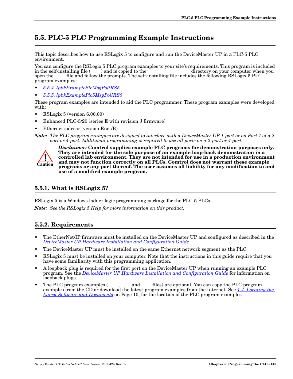 Plc-5 plc programming example instructions, What is rslogix 5, Requirements | What is rslogix 5? 5.5.2. requirements, Plc-5 plc, Programming example instructions | Comtrol UP DeviceMaster User Guide User Manual | Page 143 / 166