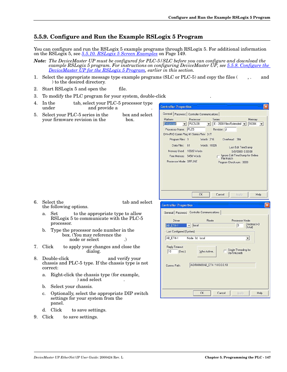 Configure and run the example rslogix 5 program | Comtrol UP DeviceMaster User Guide User Manual | Page 147 / 166