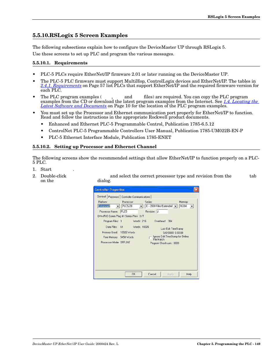 Rslogix 5 screen examples, Requirements, Setting up processor and ethernet channel | Comtrol UP DeviceMaster User Guide User Manual | Page 149 / 166