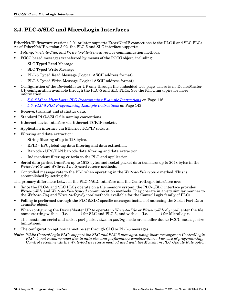 Plc-5/slc and micrologix interfaces | Comtrol UP DeviceMaster User Guide User Manual | Page 56 / 166