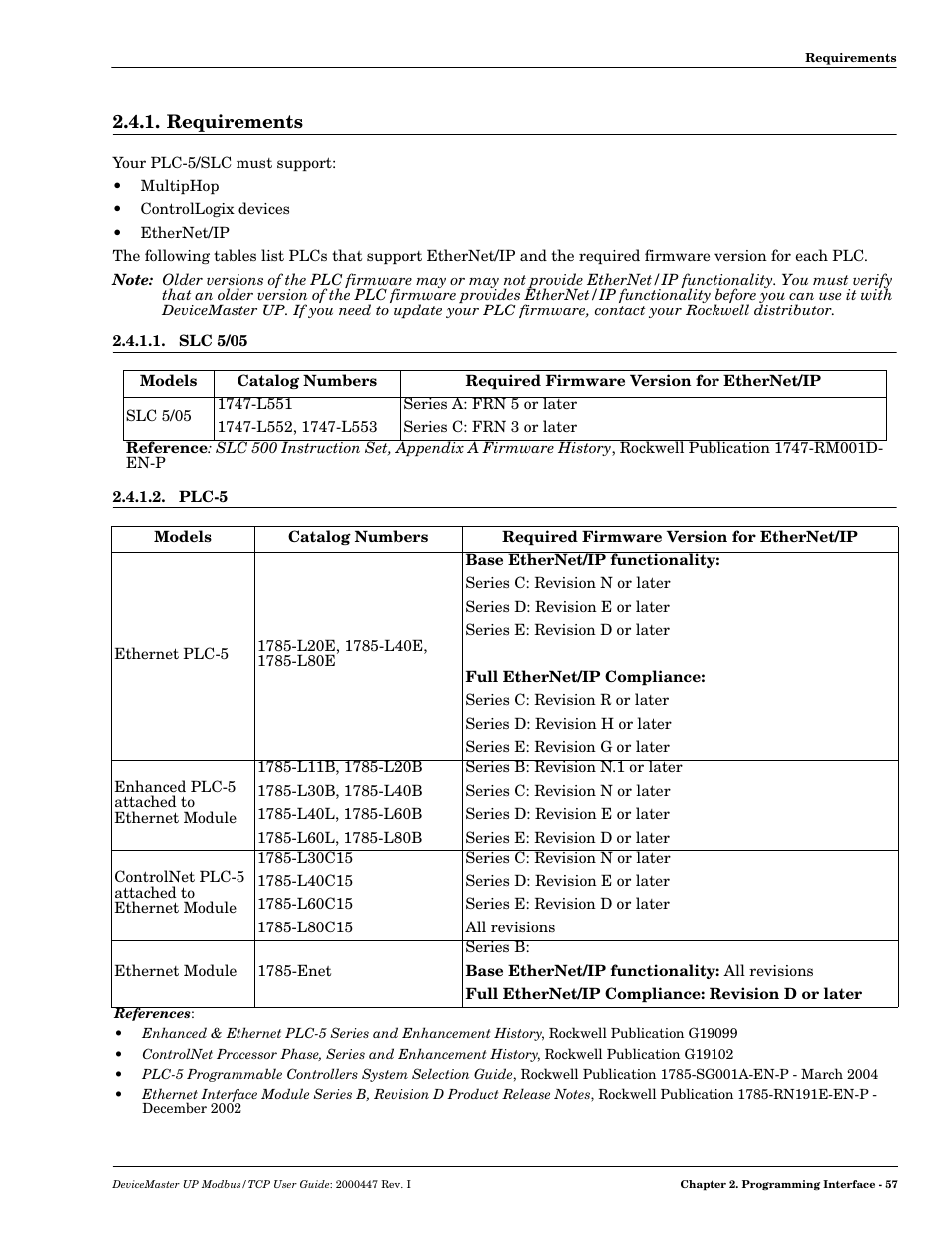 Requirements, Slc 5/05, Plc-5 | Slc 5/05 2.4.1.2. plc-5 | Comtrol UP DeviceMaster User Guide User Manual | Page 57 / 166