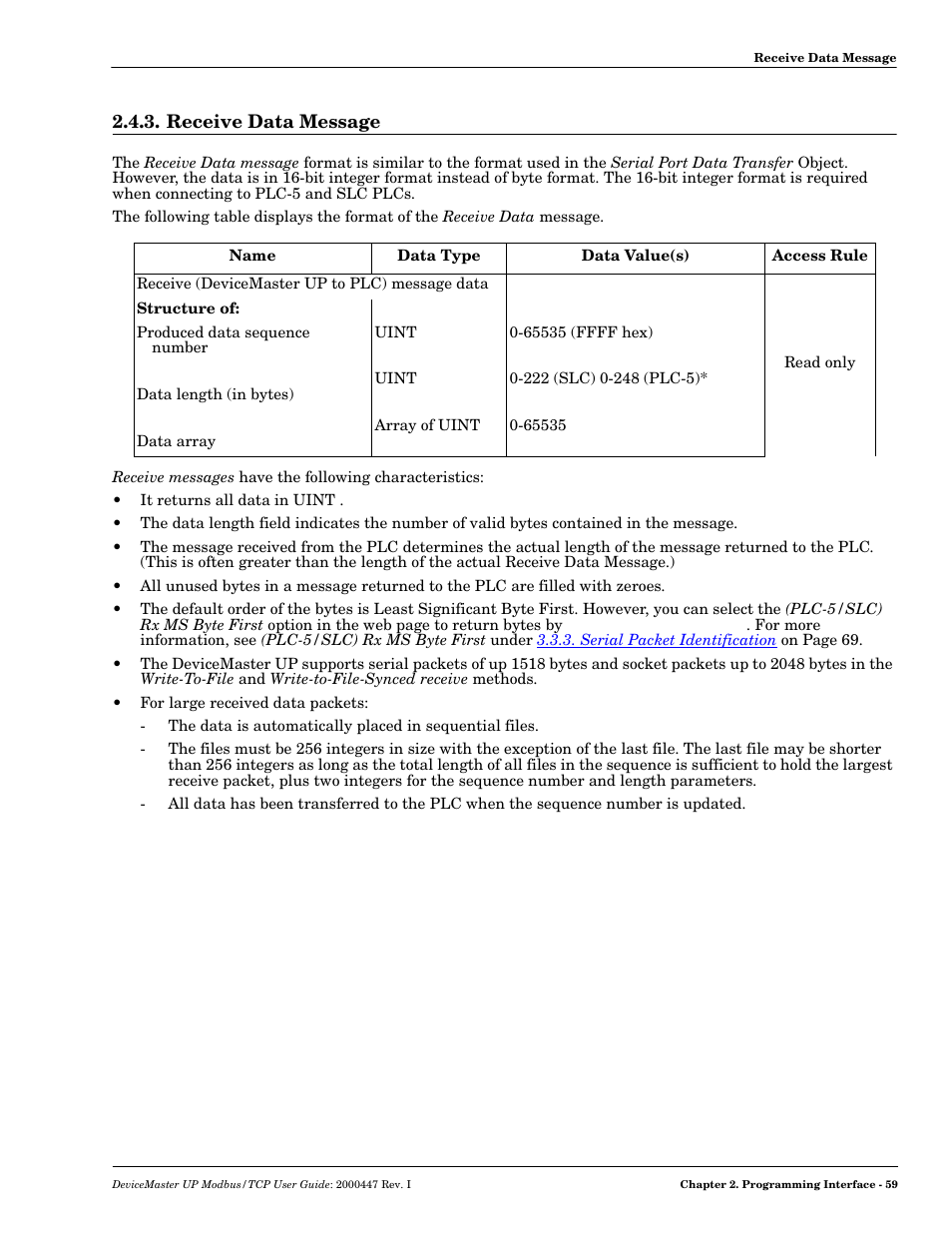 Receive data message | Comtrol UP DeviceMaster User Guide User Manual | Page 59 / 166