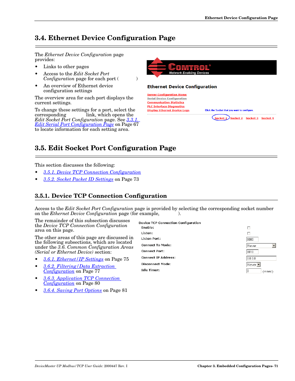 Device tcp connection configuration, Socket port, Configuration properties | Ethernet device configuration, Ethernet device configuration page, Edit socket port configuration page | Comtrol UP DeviceMaster User Guide User Manual | Page 71 / 166