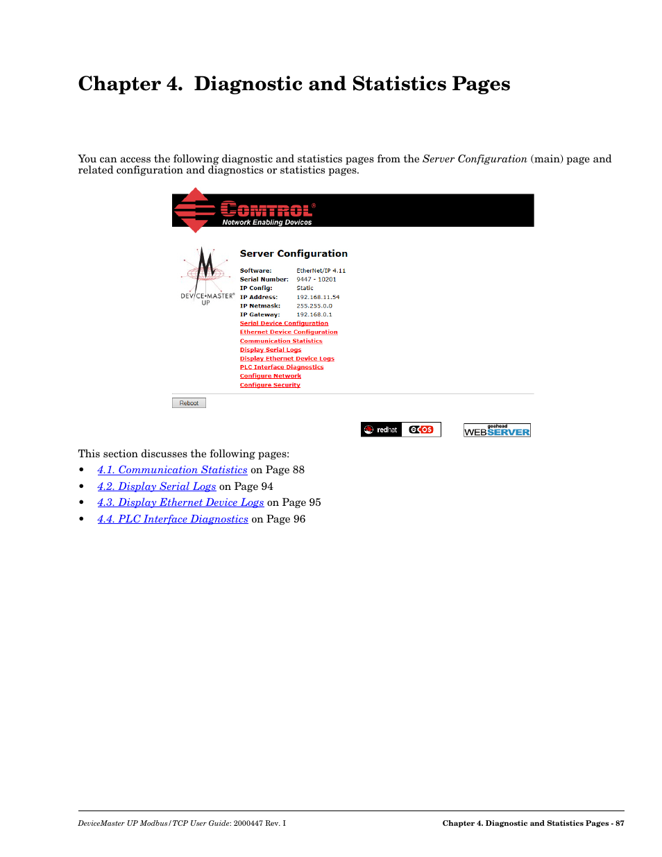 Chapter 4. diagnostic and statistics pages | Comtrol UP DeviceMaster User Guide User Manual | Page 87 / 166