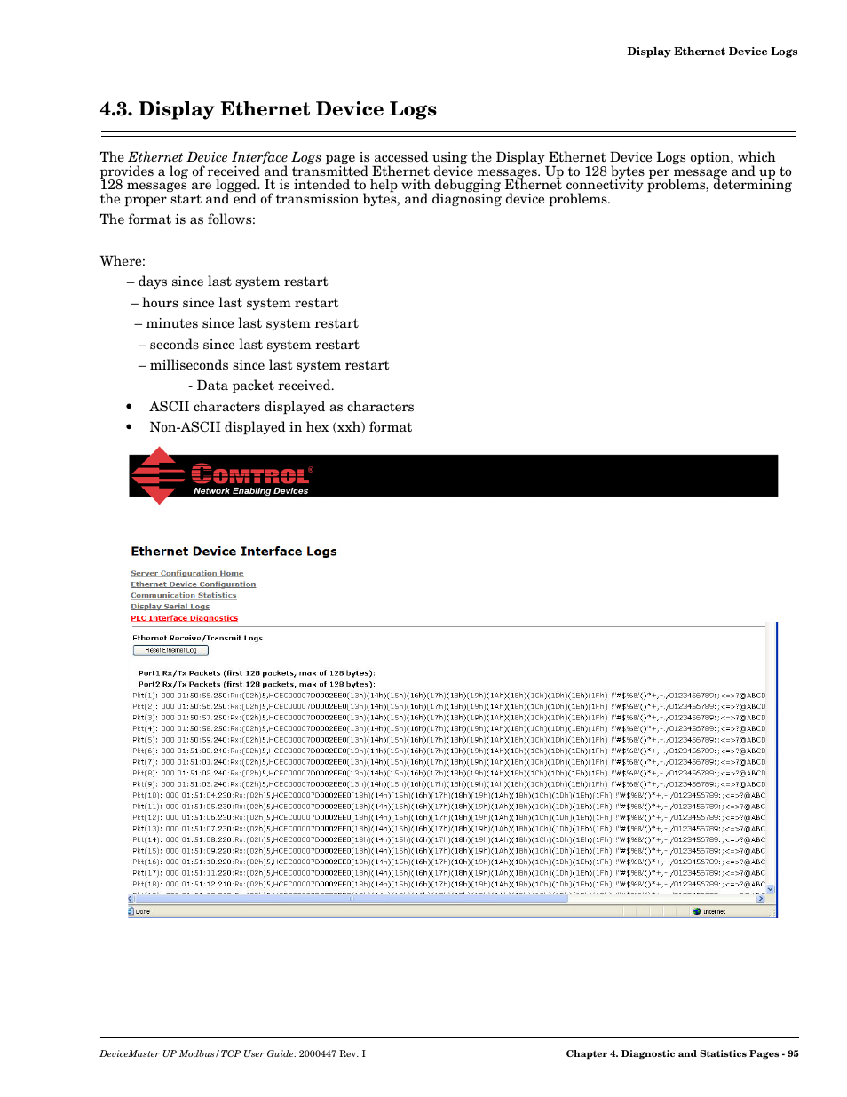 Display ethernet device logs | Comtrol UP DeviceMaster User Guide User Manual | Page 95 / 166