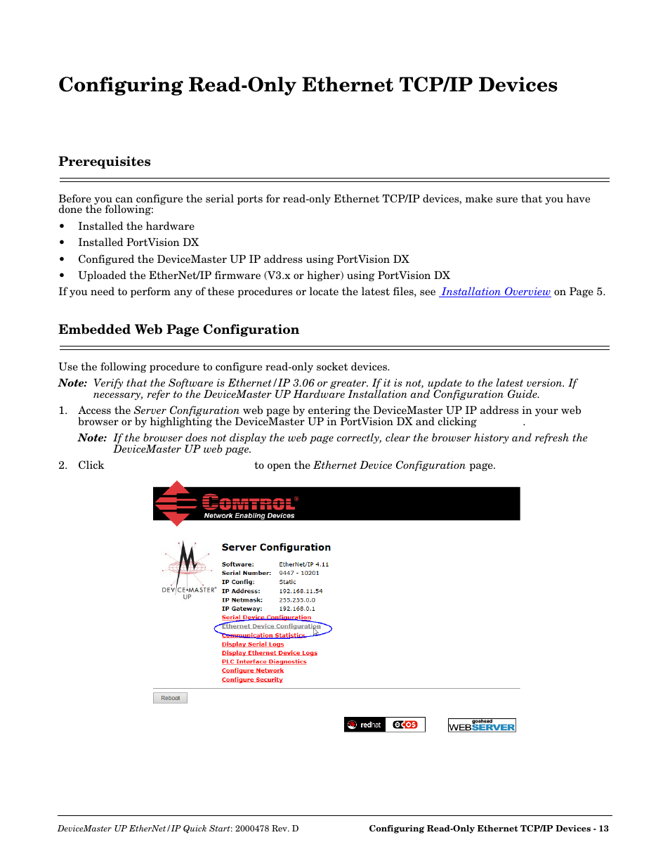 Configuring read-only ethernet tcp/ip devices, Prerequisites | Comtrol UP DeviceMaster Quick Start User Manual | Page 13 / 36