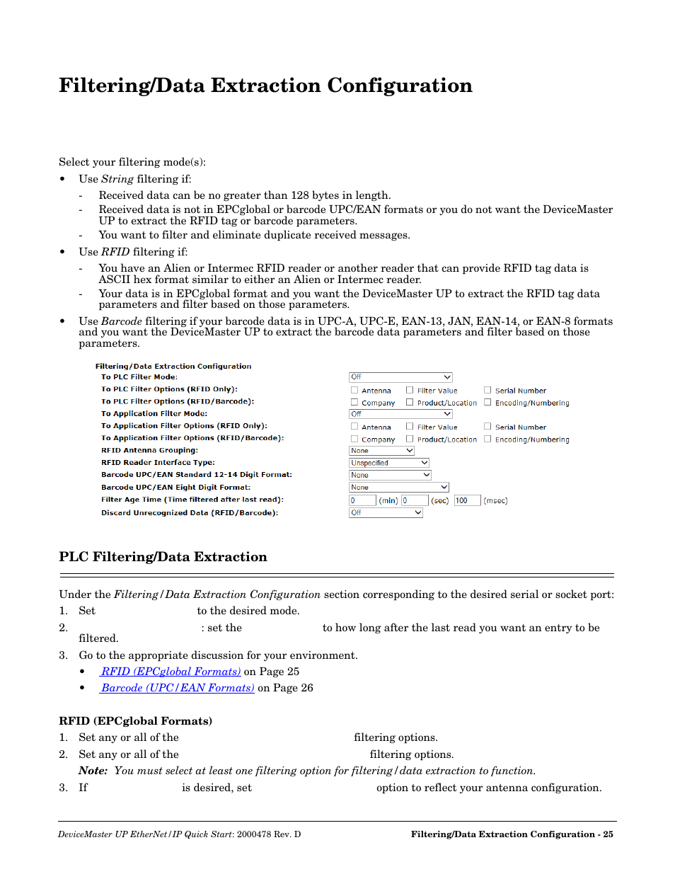 Filtering/data extraction configuration, Plc filtering/data extraction, Rfid (epcglobal formats) | Comtrol UP DeviceMaster Quick Start User Manual | Page 25 / 36