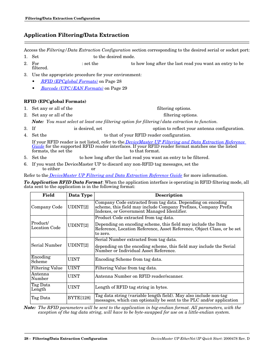 Application filtering/data extraction, Rfid (epcglobal formats) | Comtrol UP DeviceMaster Quick Start User Manual | Page 28 / 36