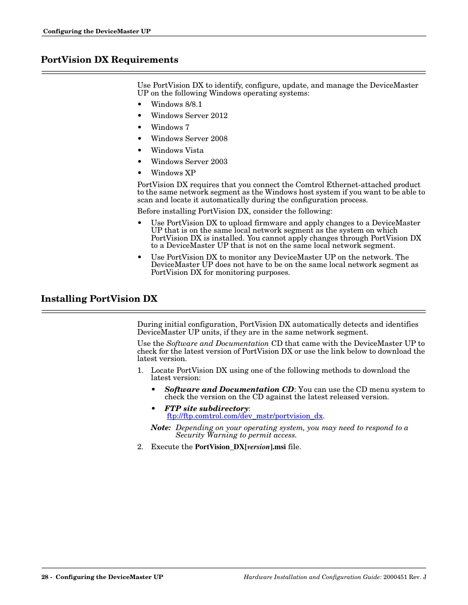 Portvision dx requirements, Installing portvision dx | Comtrol UP DeviceMaster Installation User Manual | Page 28 / 86