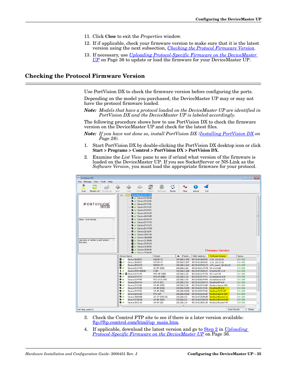 Checking the protocol firmware version | Comtrol UP DeviceMaster Installation User Manual | Page 35 / 86