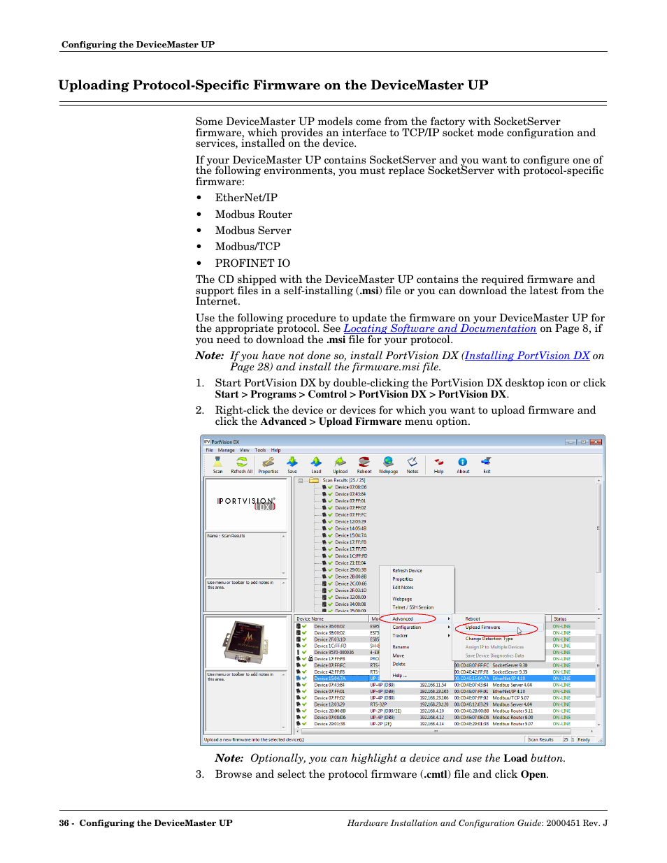 Step 2, Uploading, Protocol-specific firmware on the devicemaster up | Comtrol UP DeviceMaster Installation User Manual | Page 36 / 86