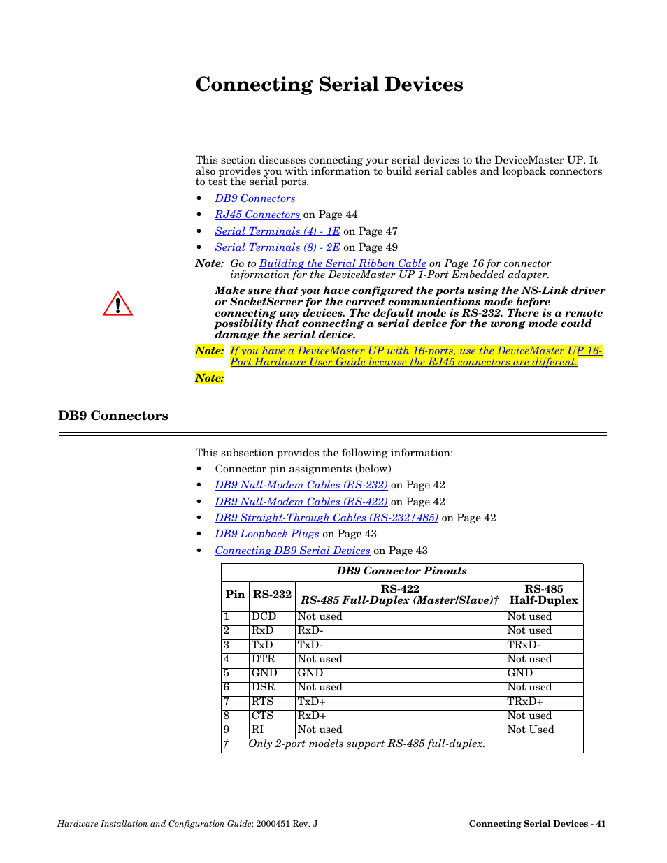 Connecting serial devices, Db9 connectors | Comtrol UP DeviceMaster Installation User Manual | Page 41 / 86