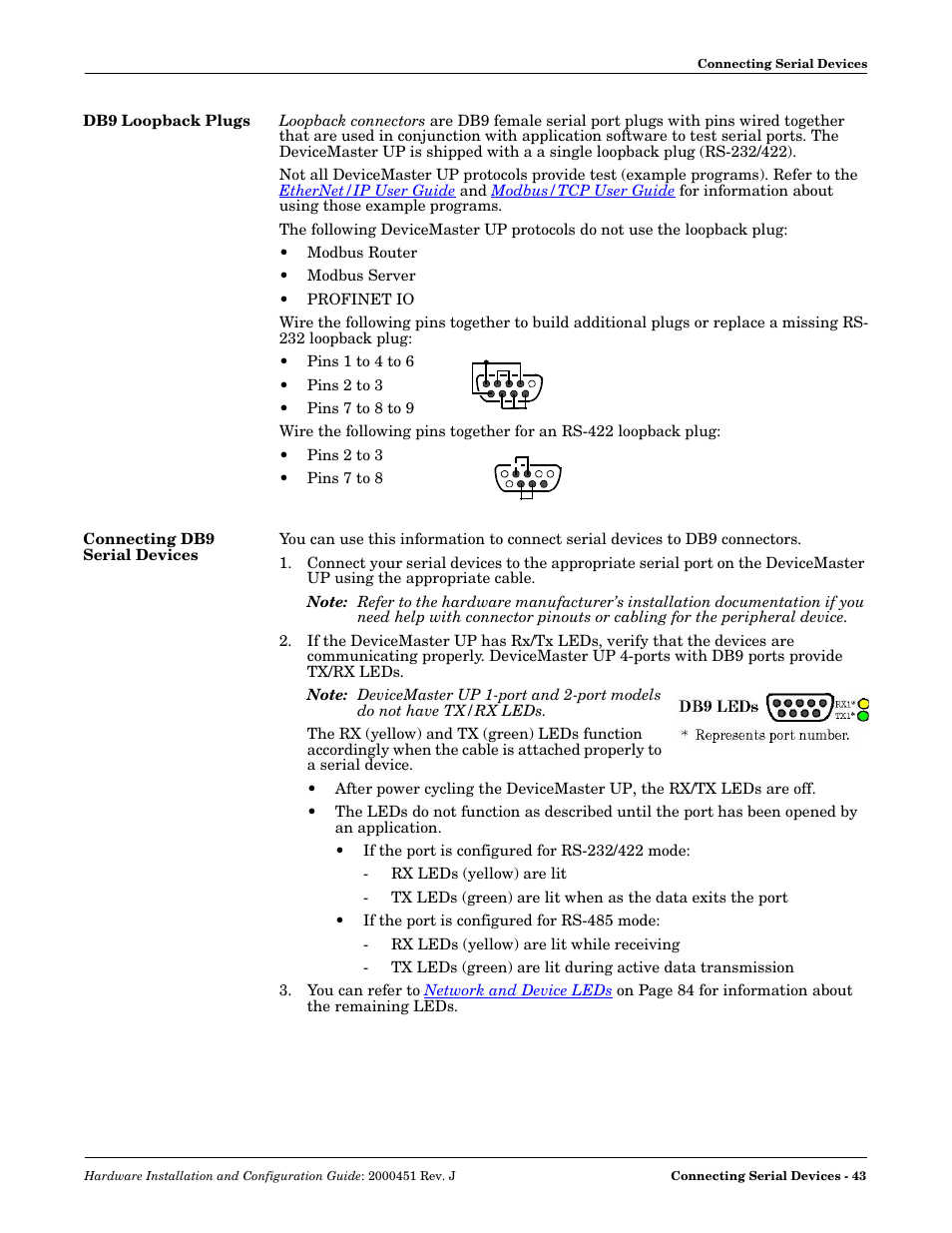 Db9 loopback plugs, Connecting db9 serial devices, Db9 loopback plugs connecting db9 serial devices | Comtrol UP DeviceMaster Installation User Manual | Page 43 / 86