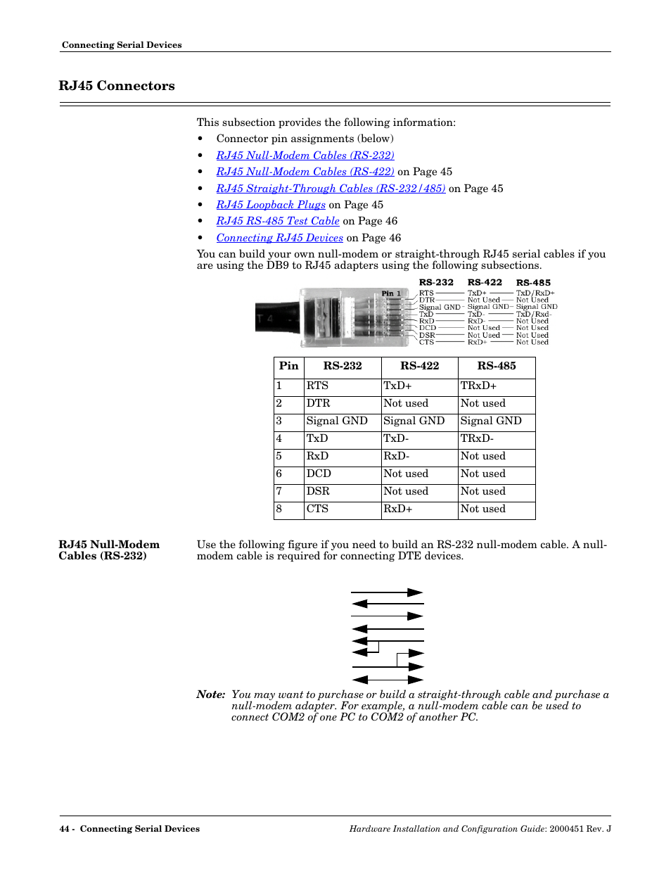 Rj45 connectors, Rj45 null-modem cables (rs-232) | Comtrol UP DeviceMaster Installation User Manual | Page 44 / 86