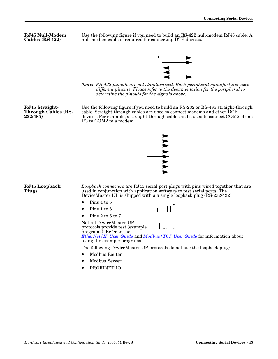 Rj45 null-modem cables (rs-422), Rj45 straight- through cables (rs- 232/485), Rj45 loopback plugs | Rj45 straight-through cables (rs-232/485) | Comtrol UP DeviceMaster Installation User Manual | Page 45 / 86