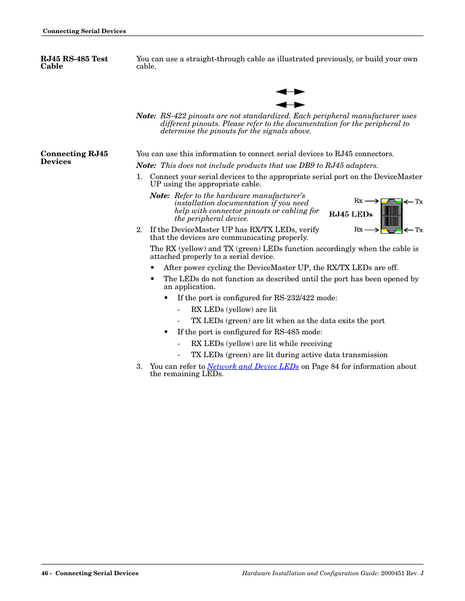 Rj45 rs-485 test cable, Connecting rj45 devices, Rj45 rs-485 test cable connecting rj45 devices | Comtrol UP DeviceMaster Installation User Manual | Page 46 / 86