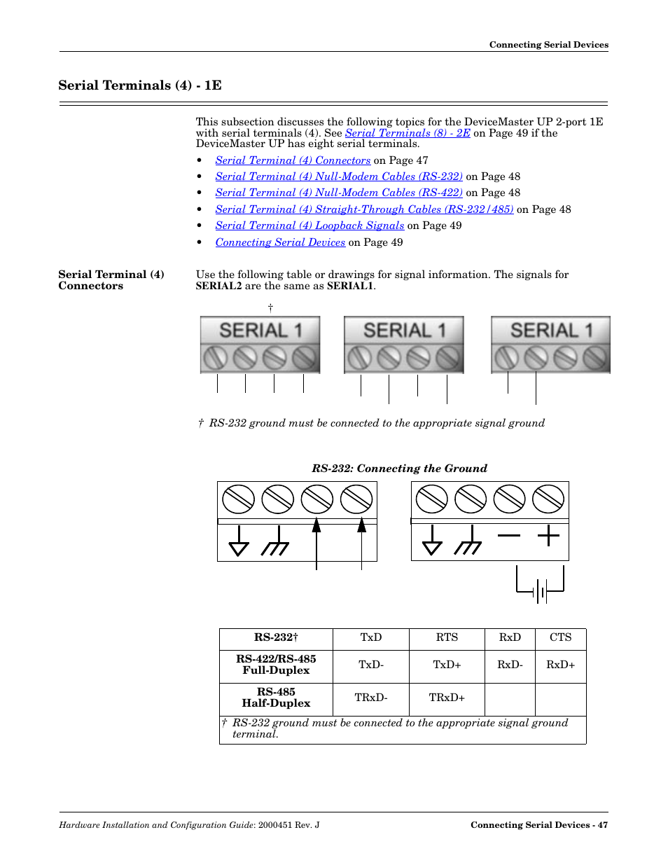 Serial terminals (4) - 1e, Serial terminal (4) connectors | Comtrol UP DeviceMaster Installation User Manual | Page 47 / 86