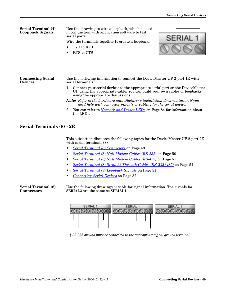 Serial terminal (4) loopback signals, Connecting serial devices, Serial terminals (8) - 2e | Serial terminal (8) connectors, Als (4). see | Comtrol UP DeviceMaster Installation User Manual | Page 49 / 86