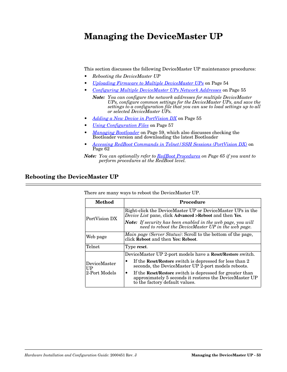 Managing the devicemaster up, Rebooting the devicemaster up | Comtrol UP DeviceMaster Installation User Manual | Page 53 / 86