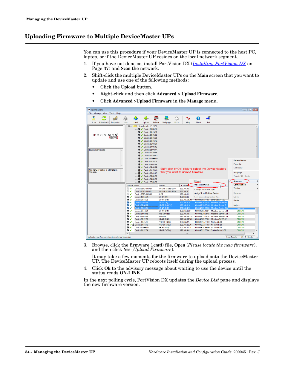 Uploading firmware to multiple devicemaster ups | Comtrol UP DeviceMaster Installation User Manual | Page 54 / 86