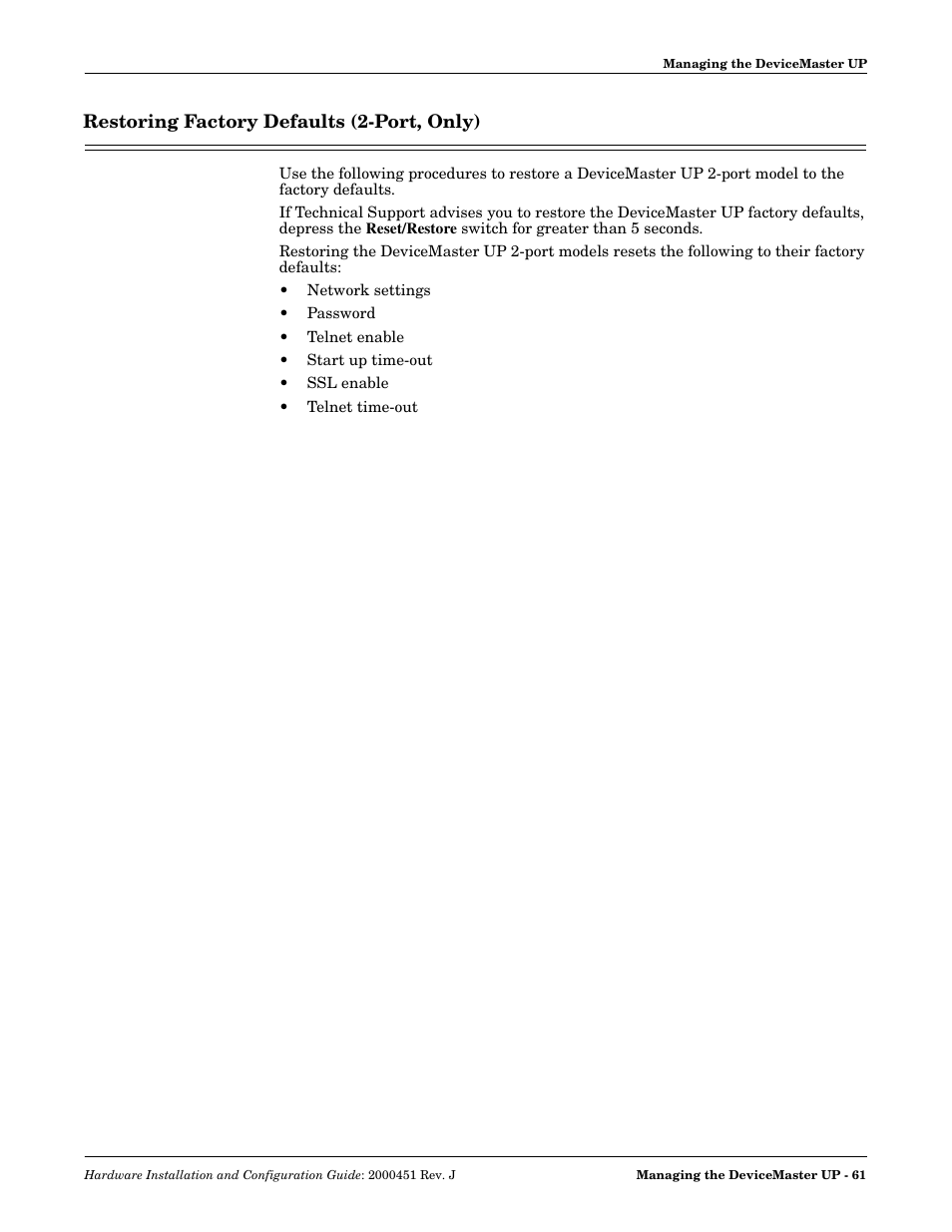 Restoring factory defaults (2-port, only) | Comtrol UP DeviceMaster Installation User Manual | Page 61 / 86
