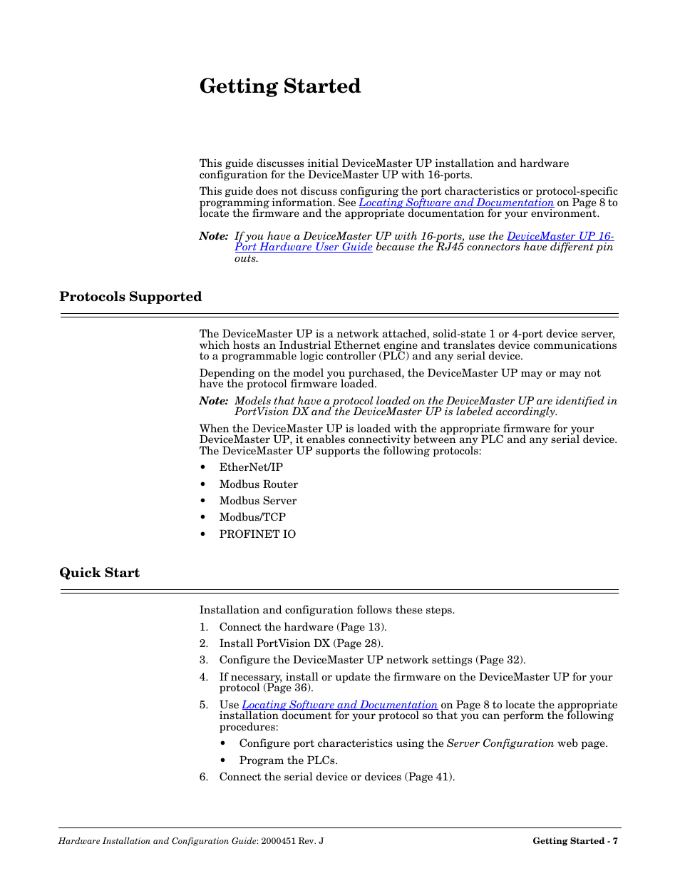 Getting started, Protocols supported, Quick start | Protocols supported quick start | Comtrol UP DeviceMaster Installation User Manual | Page 7 / 86