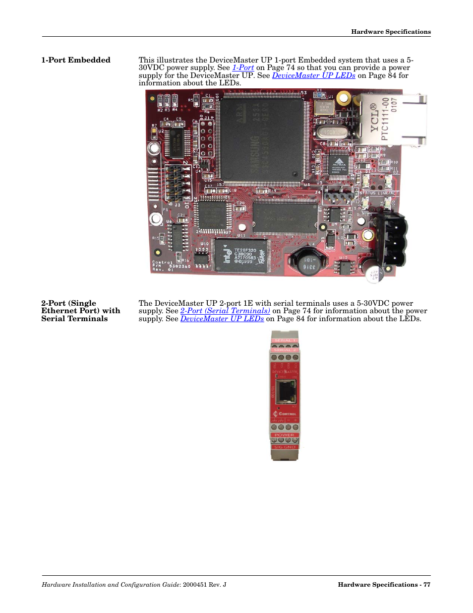 Port embedded, Port (single ethernet port) with serial terminals | Comtrol UP DeviceMaster Installation User Manual | Page 77 / 86