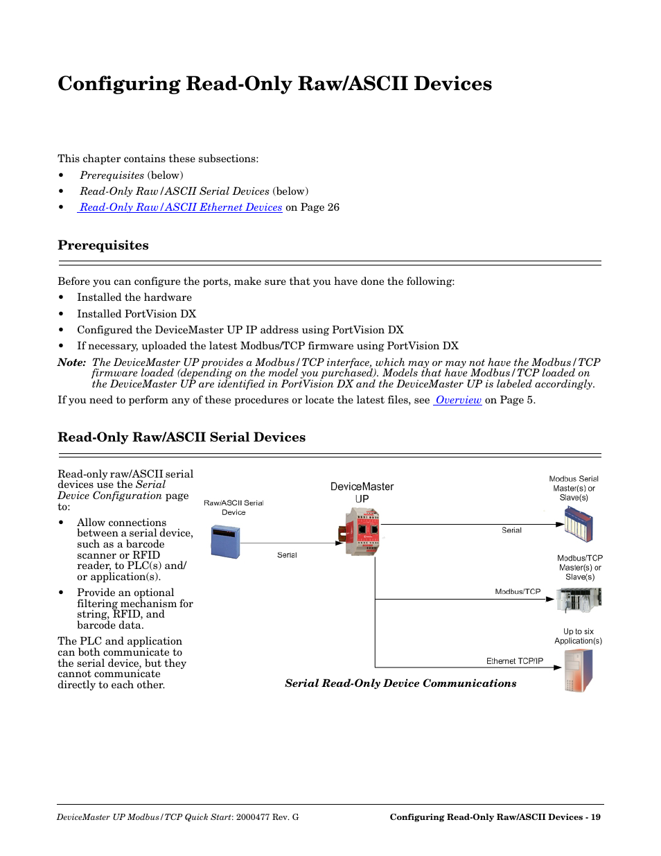 Configuring read-only raw/ascii devices, Prerequisites, Read-only raw/ascii serial devices | Prerequisites read-only raw/ascii serial devices | Comtrol Modbus TCP Quick Start User Manual | Page 19 / 78