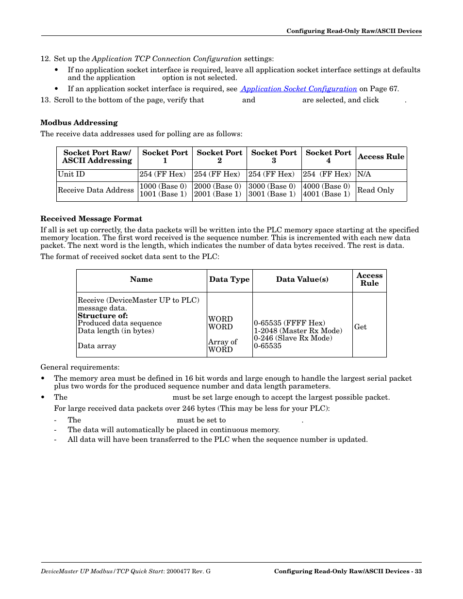Modbus addressing, Received message format, Modbus addressing received message format | Comtrol Modbus TCP Quick Start User Manual | Page 33 / 78