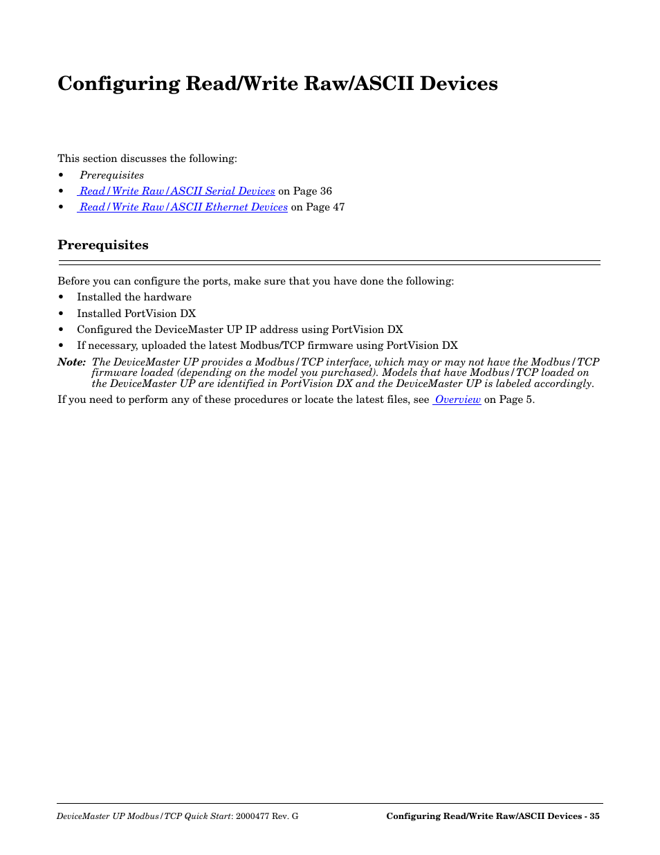 Configuring read/write raw/ascii devices, Prerequisites | Comtrol Modbus TCP Quick Start User Manual | Page 35 / 78