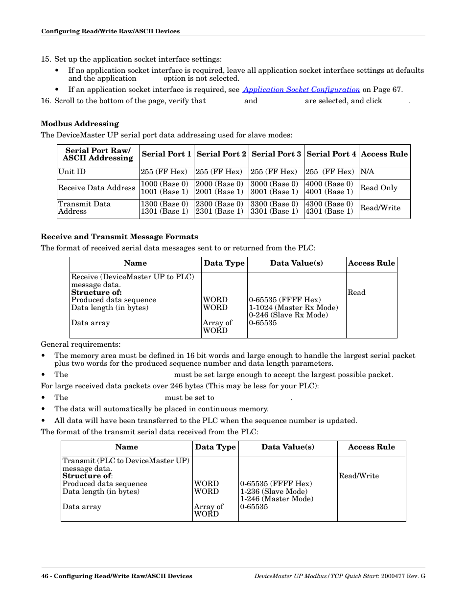 Modbus addressing, Receive and transmit message formats | Comtrol Modbus TCP Quick Start User Manual | Page 46 / 78